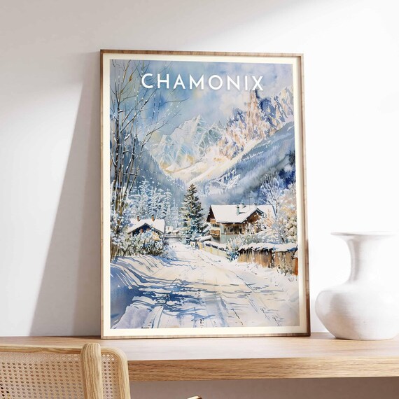 Chamonix Delicate Watercolor Lane Chalets Jagged Peaks Poster