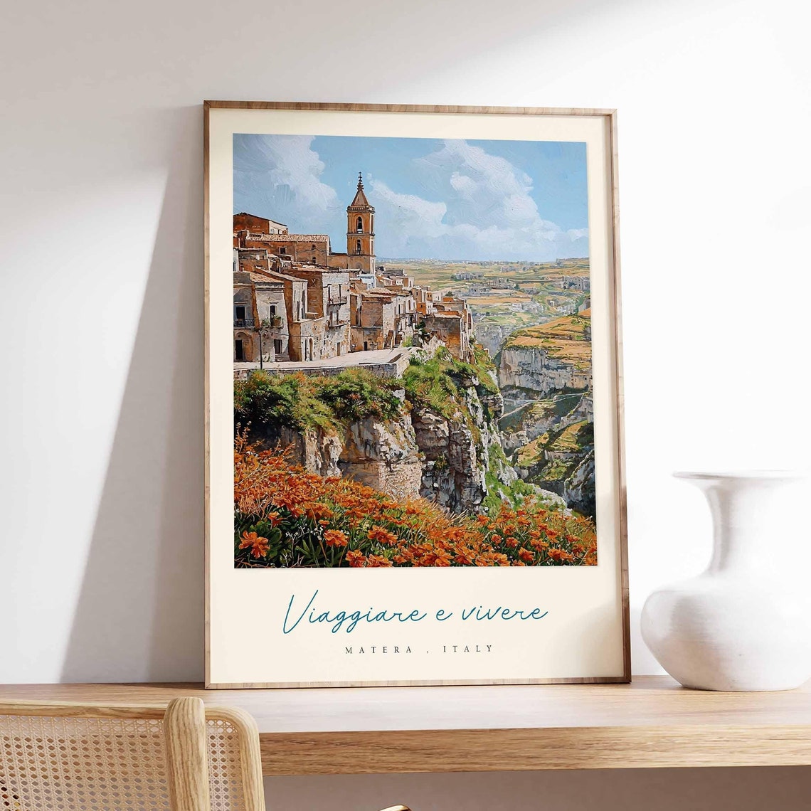 Matera Sassi Ravine Orange Wildflowers Painterly Italy Travel Poster