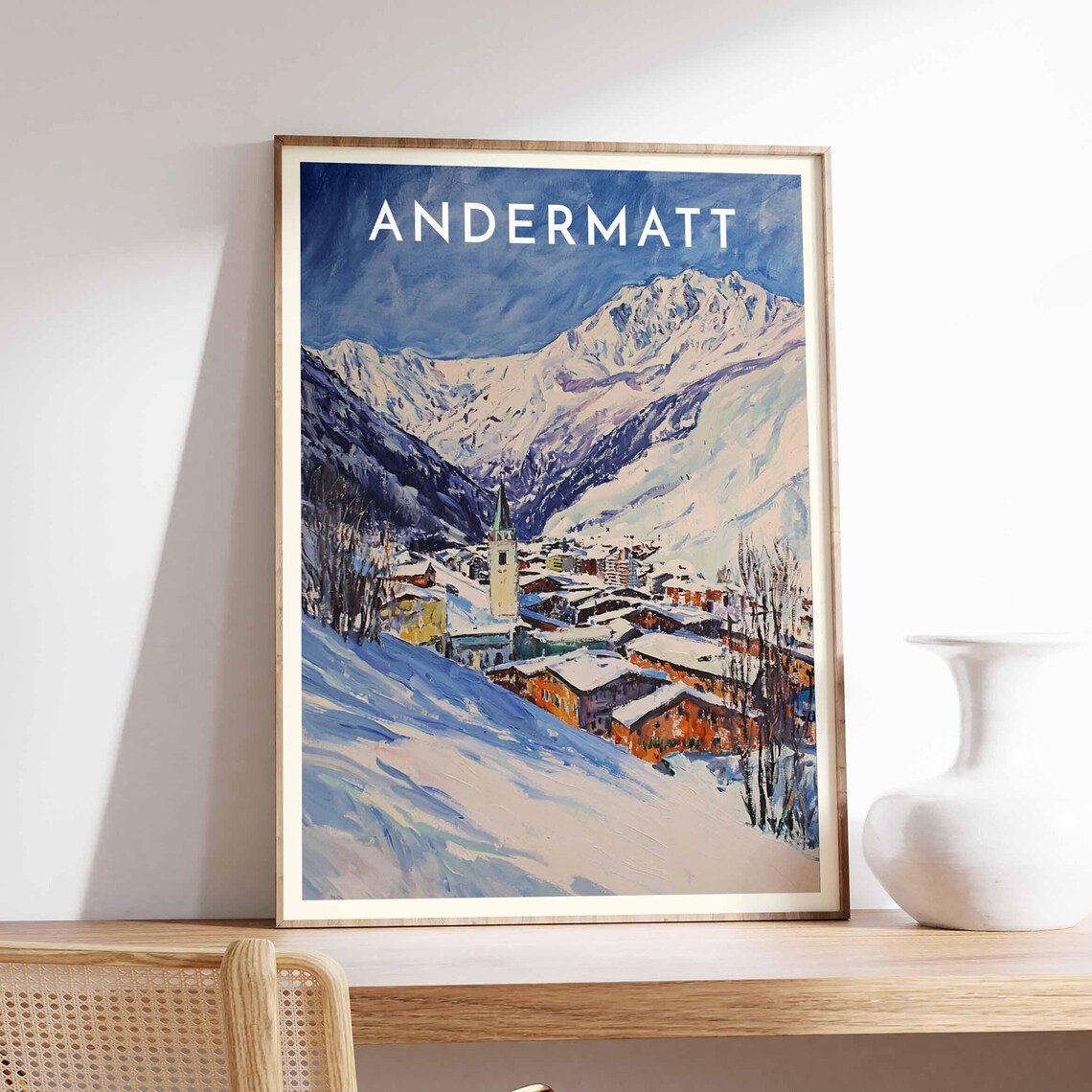 Andermatt Switzerland Church Tower In Snowy Village Peaks Poster