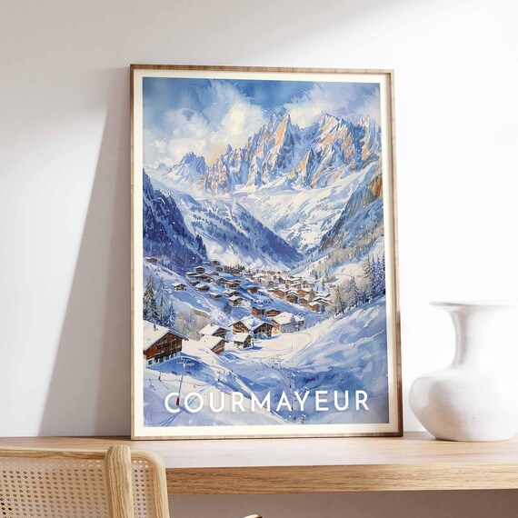 Courmayeur Italy Ski Village Snowy Mountains Watercolor Travel Poster