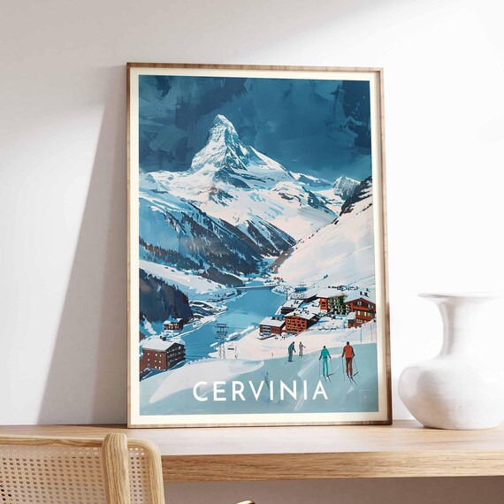 Cervinia Pyramid Peak Valley Town Skiers Teal Night Sky Poster