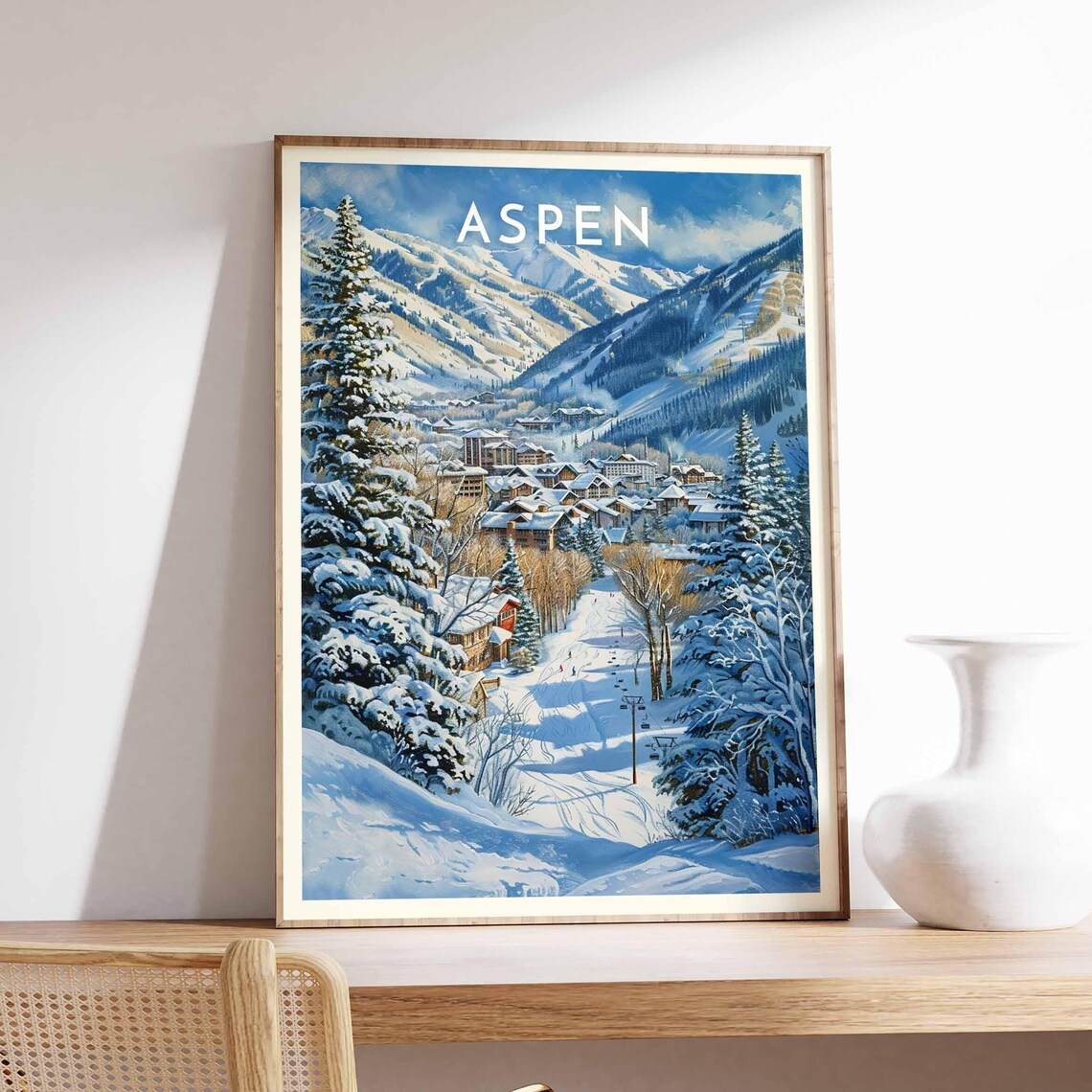 Aspen Colorado Snowy Pines Chairlift Valley Town Winter Poster