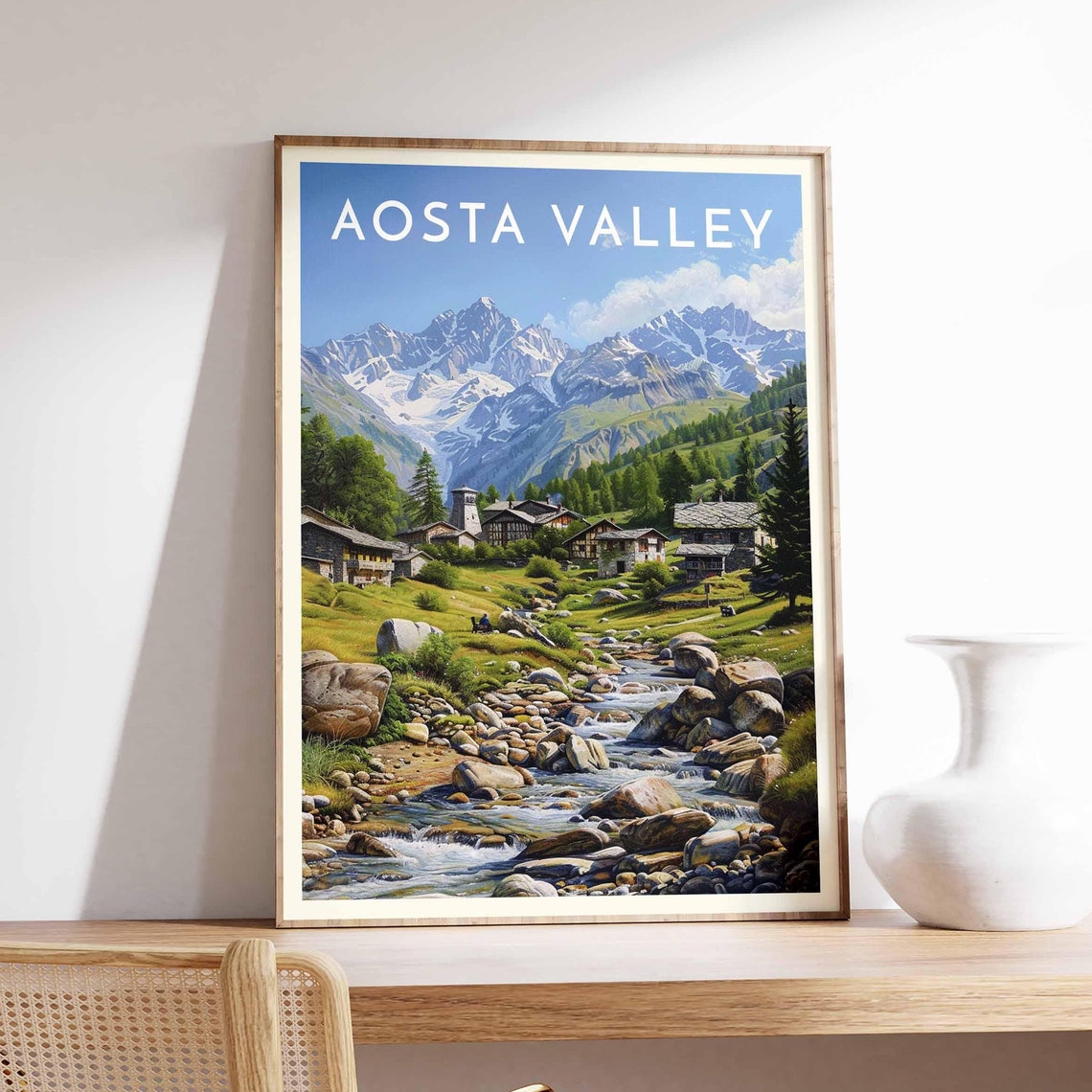 Aosta Valley Italy Summer Hamlet Tower Rocky Stream Peaks Poster