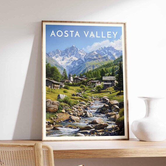 Aosta Valley Italy Summer Hamlet Tower Rocky Stream Peaks Poster