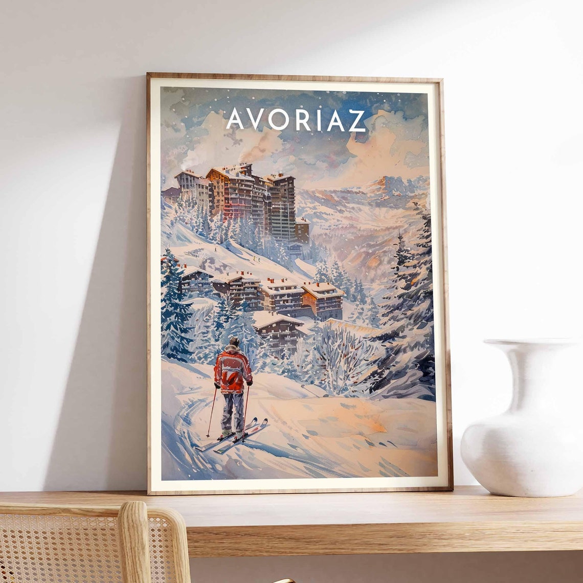 Skiing Travel Poster Avoriaz Ski Print French Alps Travel Print Skiing Art Skiing Print Winter Sport Art Ski Gift