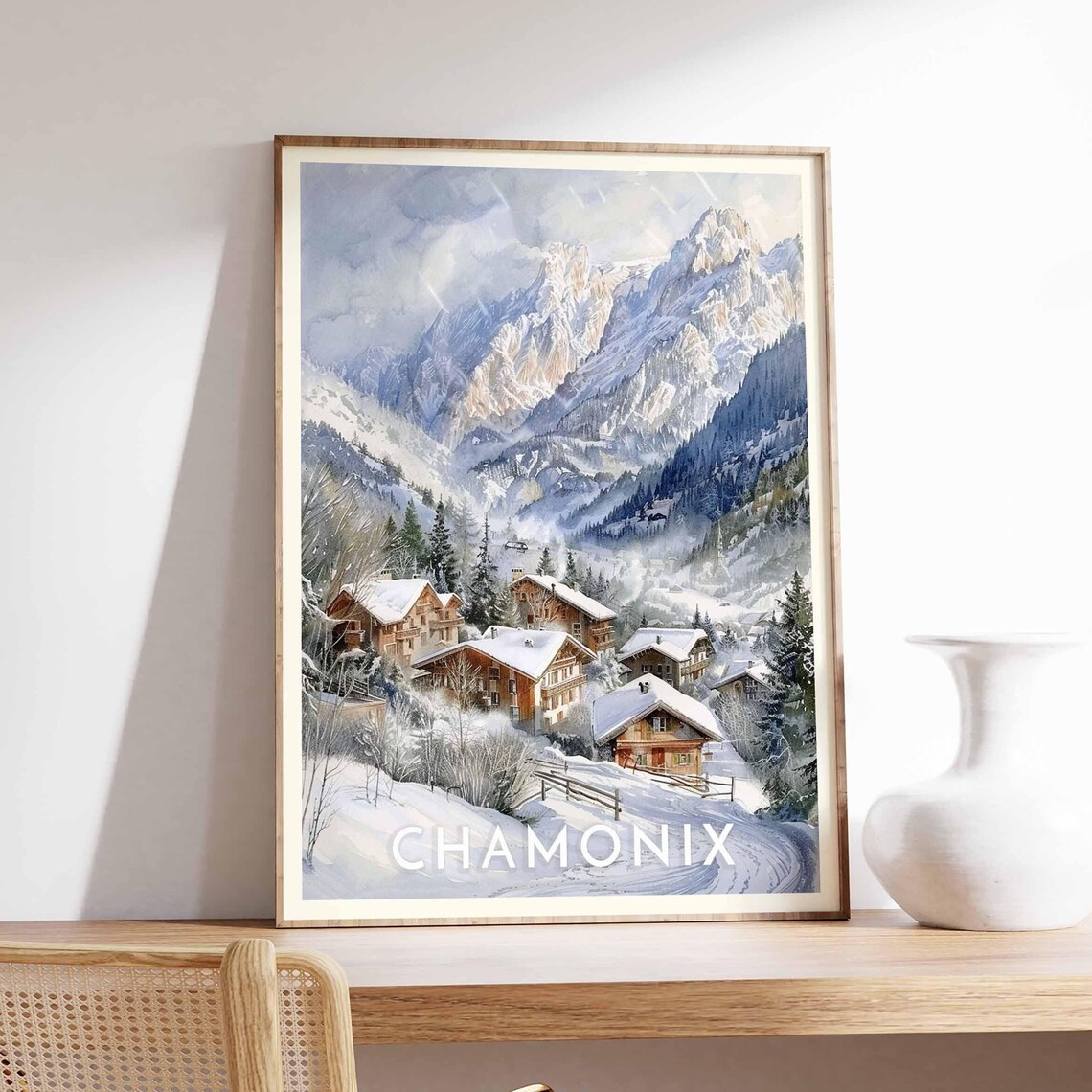 Chamonix Wooden Chalets Soft Watercolor Rocky Peak Scene Poster