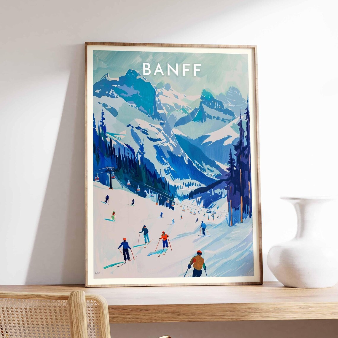 Banff Retro Graphic Skiers Chairlifts Alpine Mountain Poster