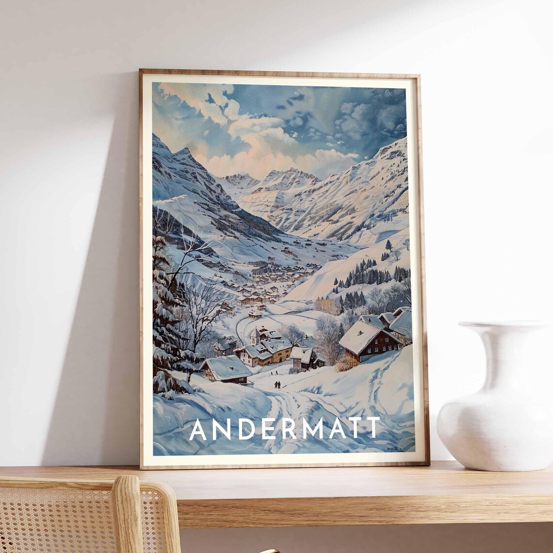 Andermatt Swiss Alps Winter Valley Village Pastel Ski Poster - Image 2