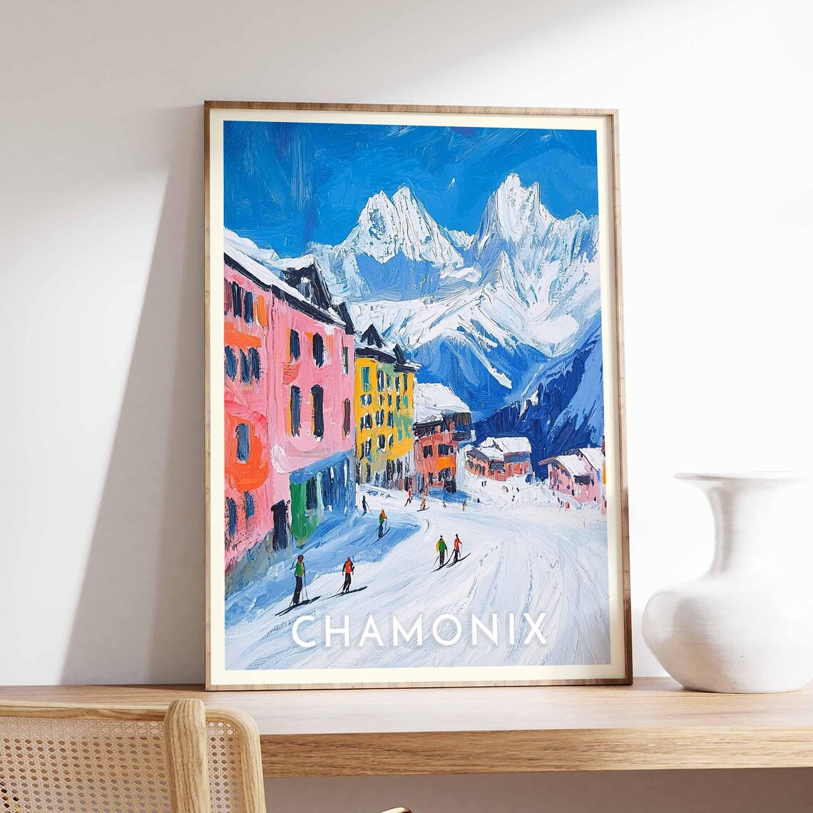 Chamonix Colorful Street Buildings Skiers Rocky Peaks Poster