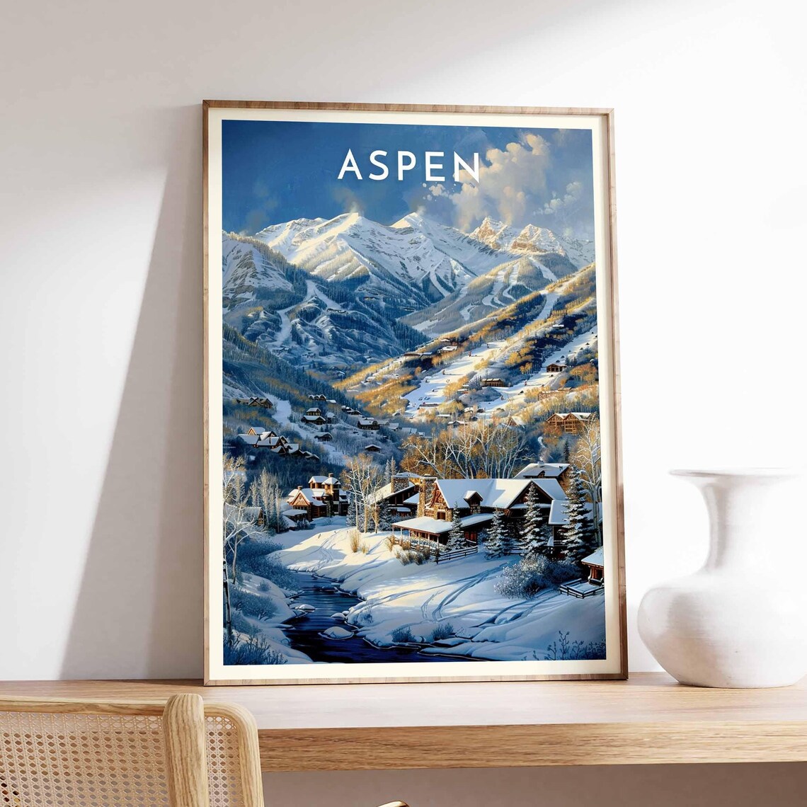 Aspen Colorado Valley Stream Chalet Town Winter Scene Poster