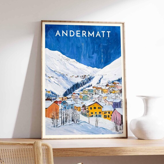 Andermatt Switzerland Expressionist Blue Sky Village Houses Poster