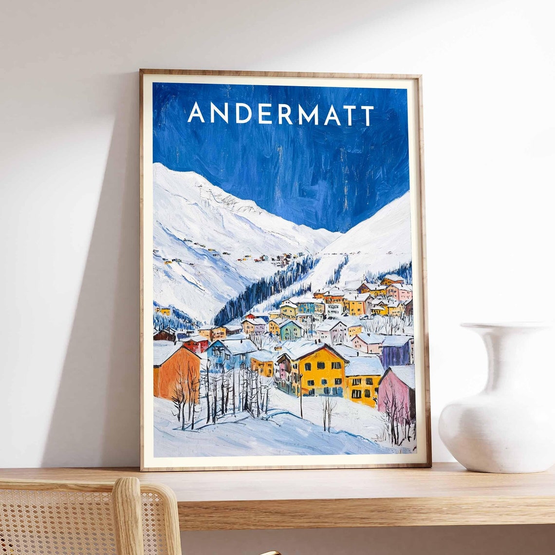 Andermatt Switzerland Expressionist Blue Sky Village Houses Poster