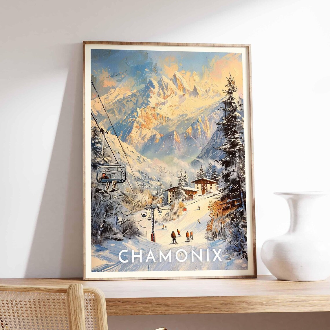 Chamonix France Alpine Skiing Mountains Painting Travel Poster