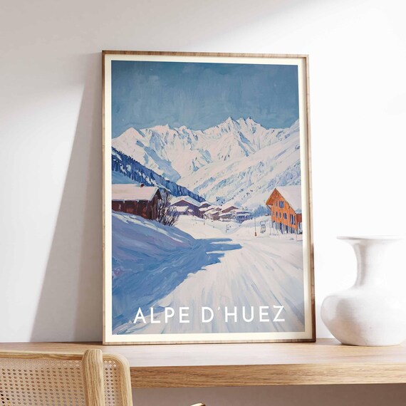 Alpe d'Huez French Alps Snowy Chalet Lane Vintage Ski Poster