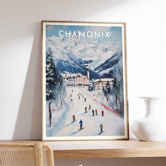 Chamonix Busy Ski Run Colorful Skiers Alpine Resort Town Poster