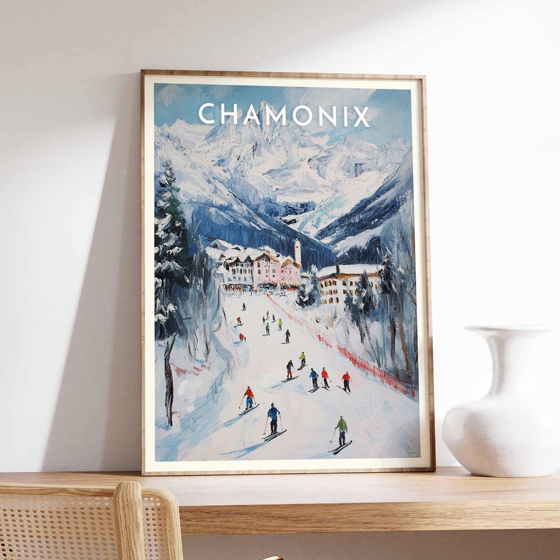 Chamonix Busy Ski Run Colorful Skiers Alpine Resort Town Poster