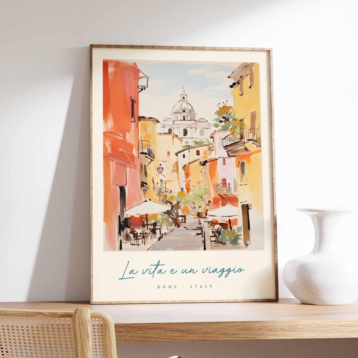 Rome Italy Watercolor Old Street Domed Church Cafe Scene Travel Poster
