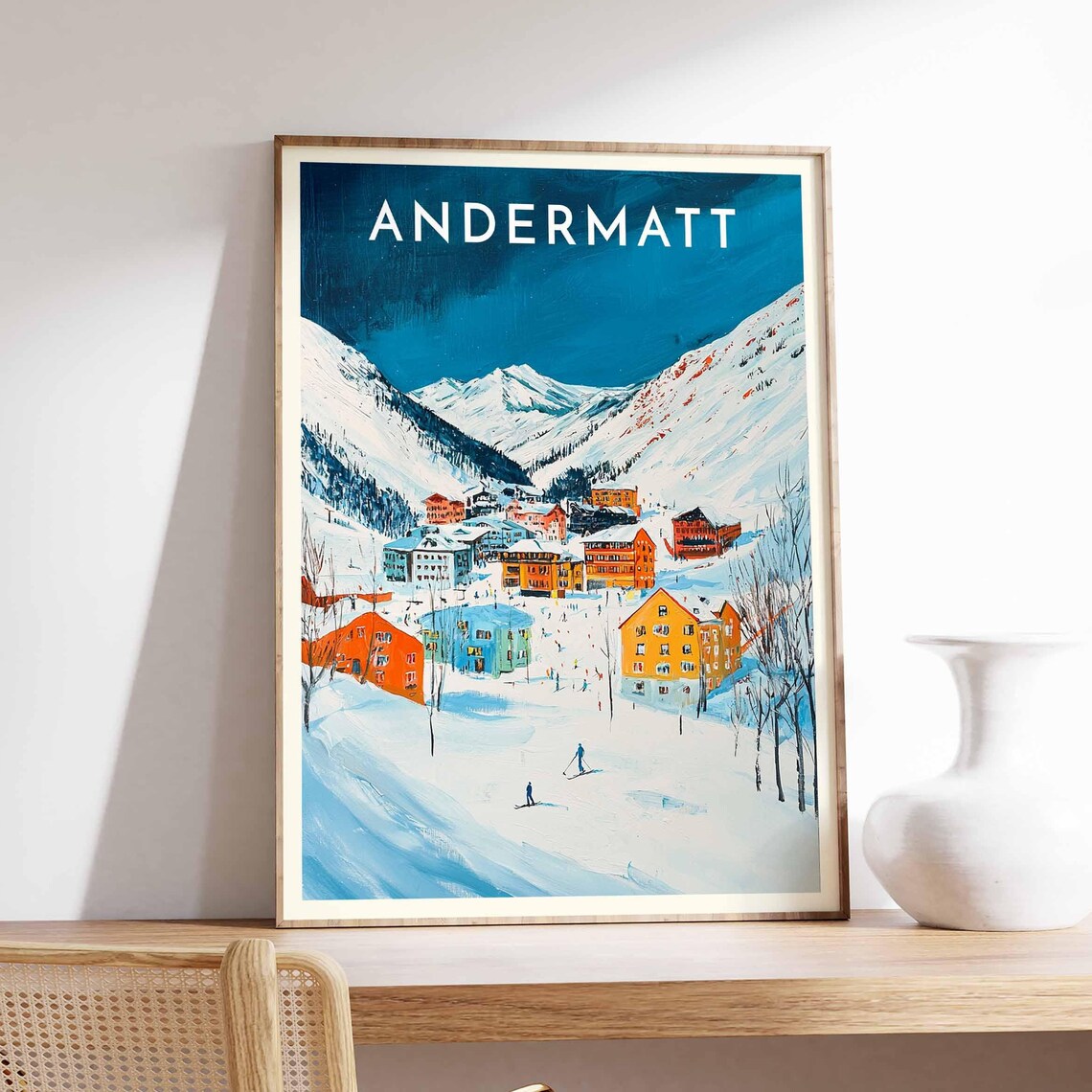Andermatt Switzerland Teal Sky Skiers Colorful Houses Peak Poster