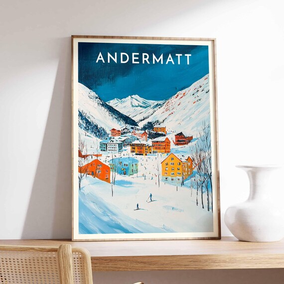 Andermatt Switzerland Teal Sky Skiers Colorful Houses Peak Poster