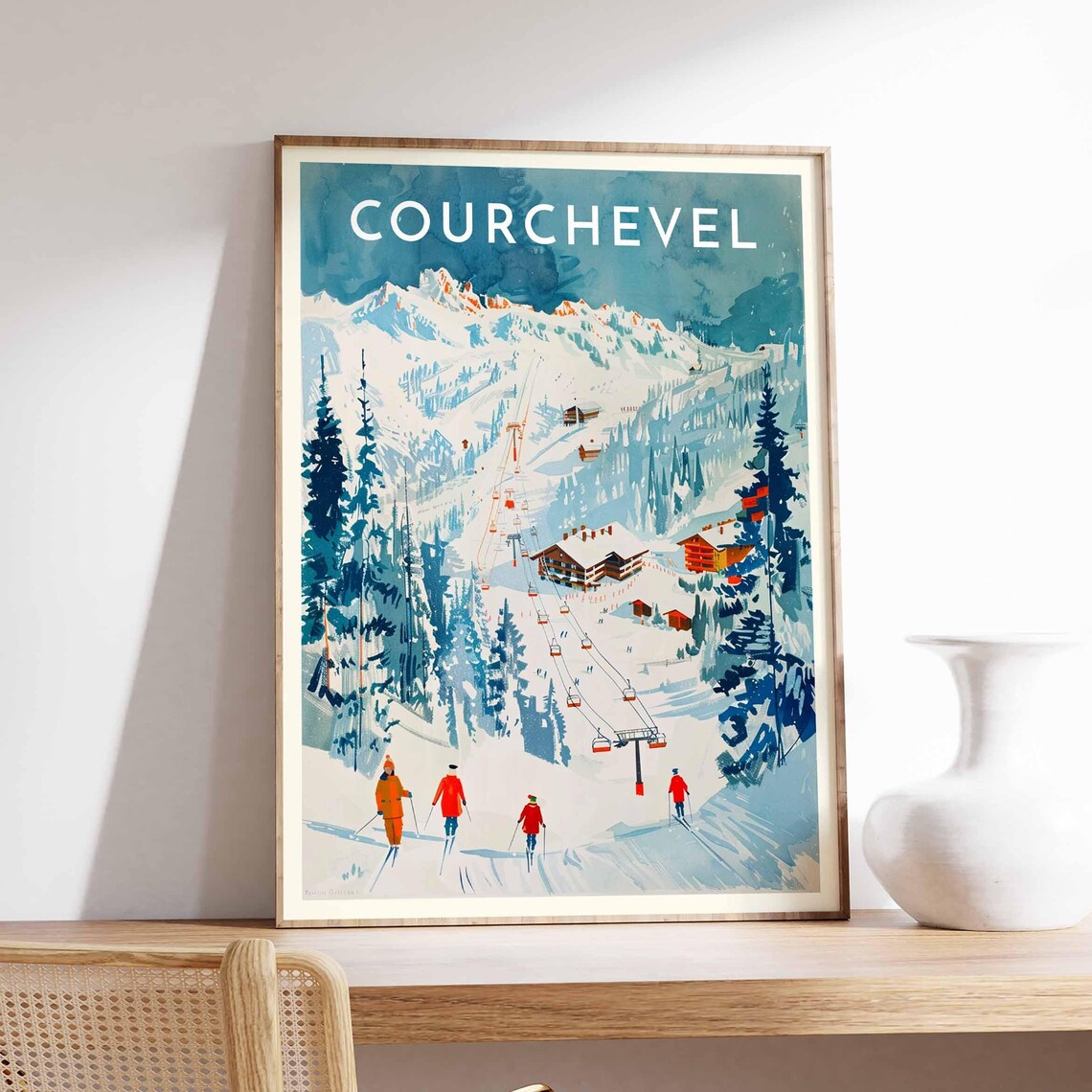 Courchevel Vintage Style Skiers Chairlifts Alpine Valley Poster