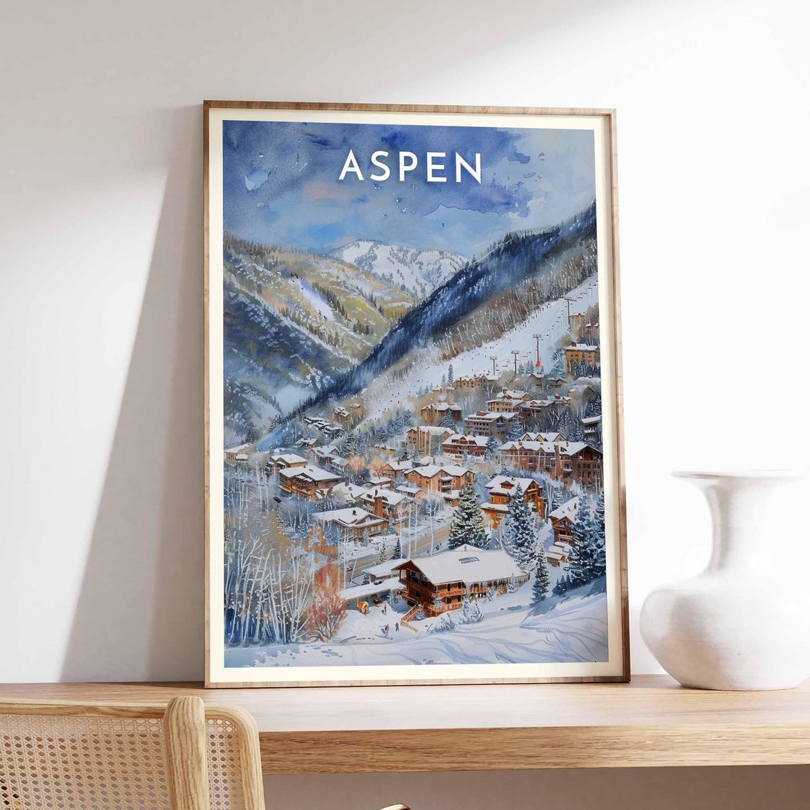 Aspen Colorado Soft Watercolor Hillside Resort Village Poster