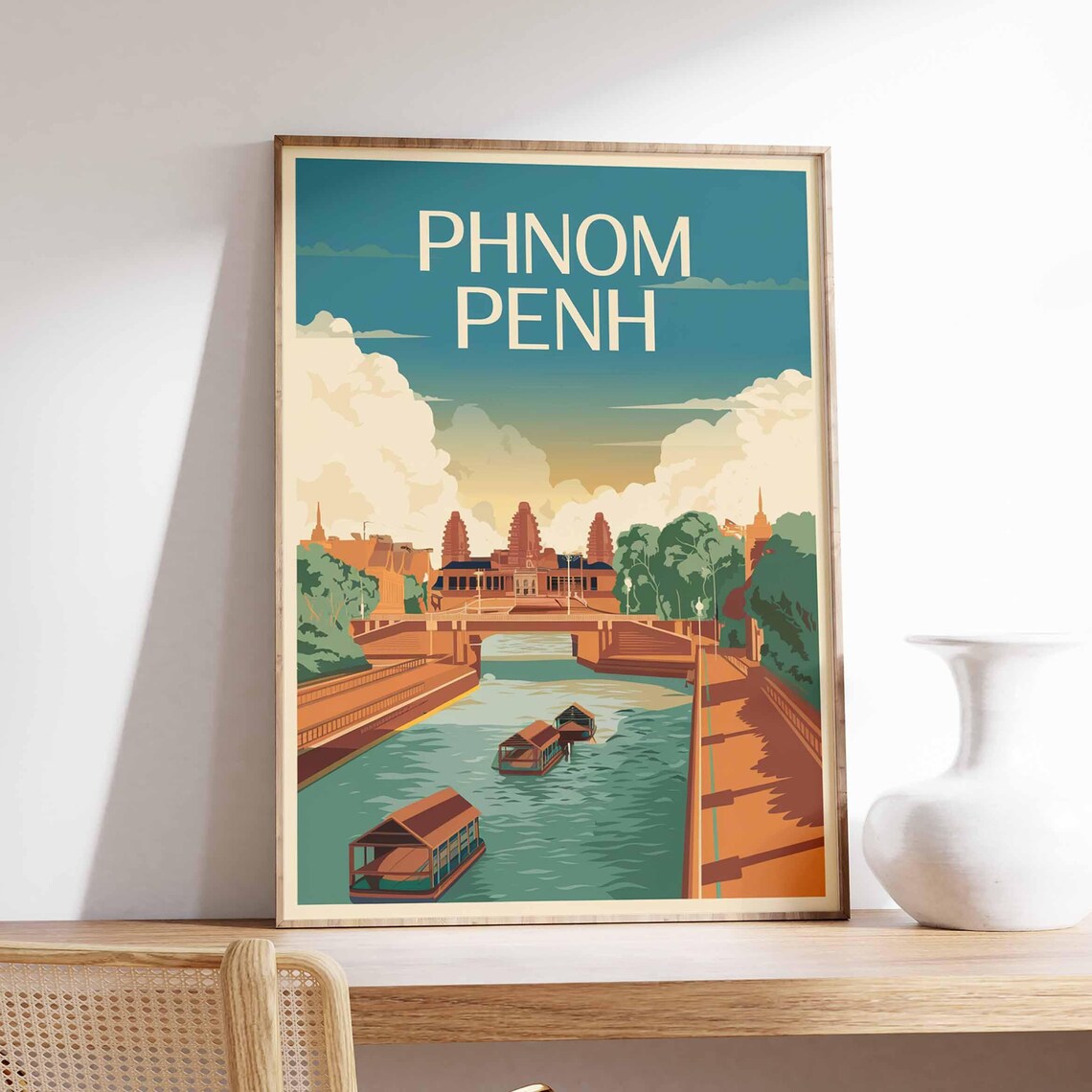 Phnom Penh Cambodia River Boats Temple Retro Travel Art Poster
