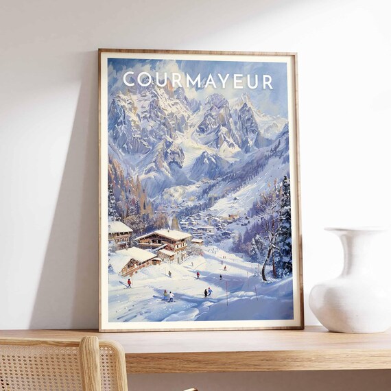 Courmayeur Italy Snowy Valley Poster with Skiers under High Peaks