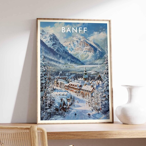 Banff Snowy Mountain Town Street Chateau Winter Travel Poster