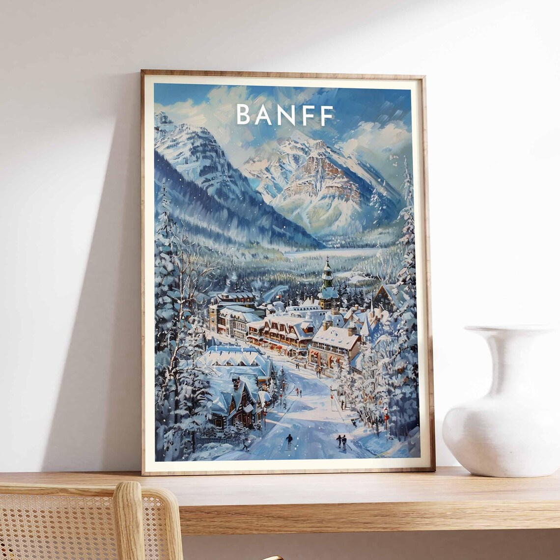 Banff Snowy Mountain Town Street Chateau Winter Travel Poster