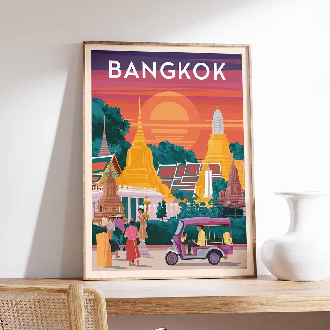 Bangkok Thailand Golden Sunset Temple Spires Tuk Tuk City Poster