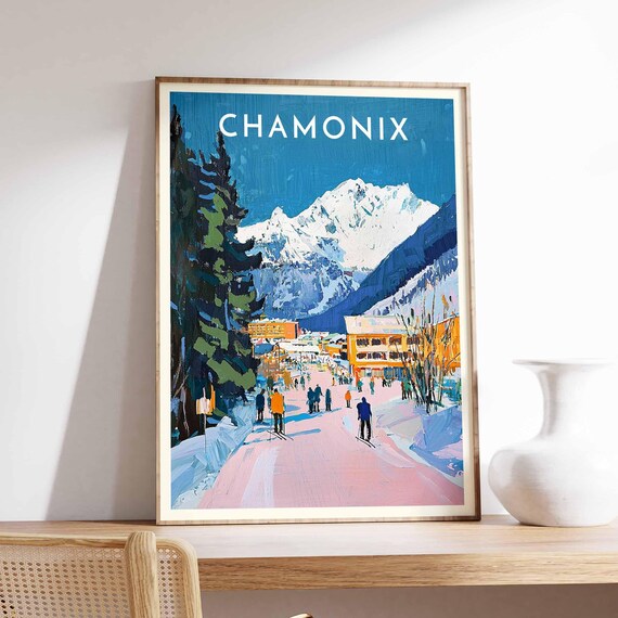 Chamonix Pink Snow Street Colorful Buildings Mountain Poster