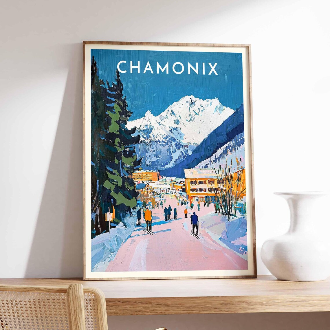 Chamonix Pink Snow Street Colorful Buildings Mountain Poster