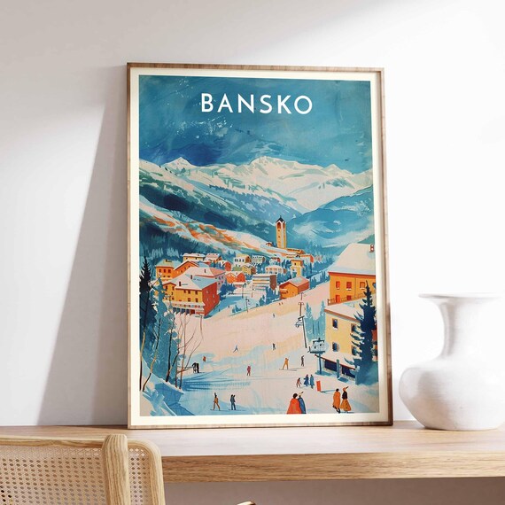 Bansko Retro Style Mountain Village Sunny Winter Travel Poster