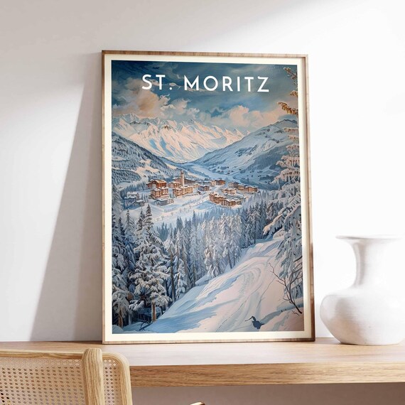 St. Moritz Switzerland Watercolor Grand Hotels Snowy Pines Poster