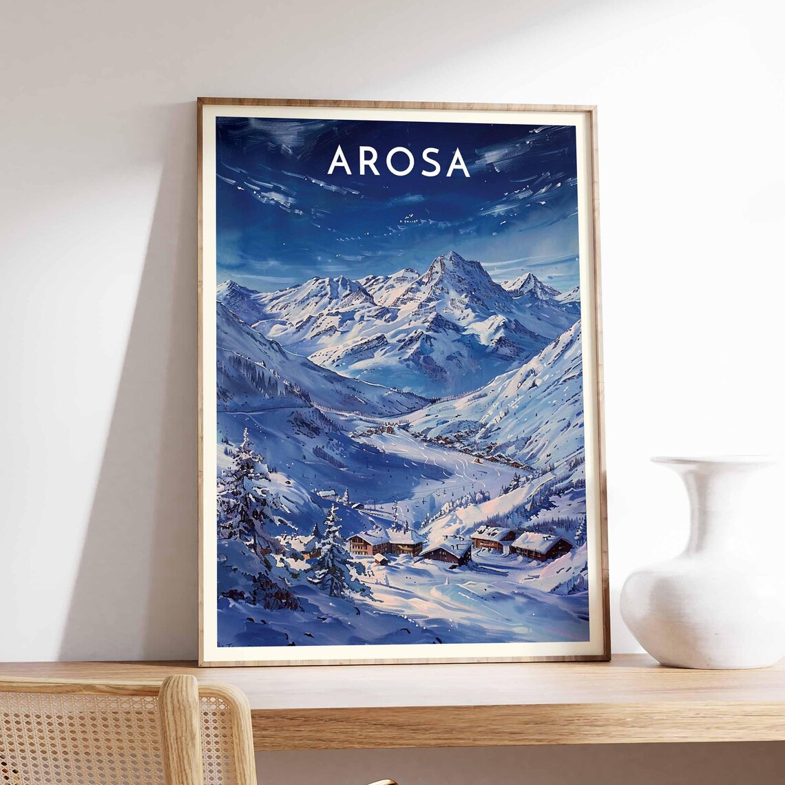 Arosa Swiss Alps Starry Winter Night Mountains Lit Chalets Poster