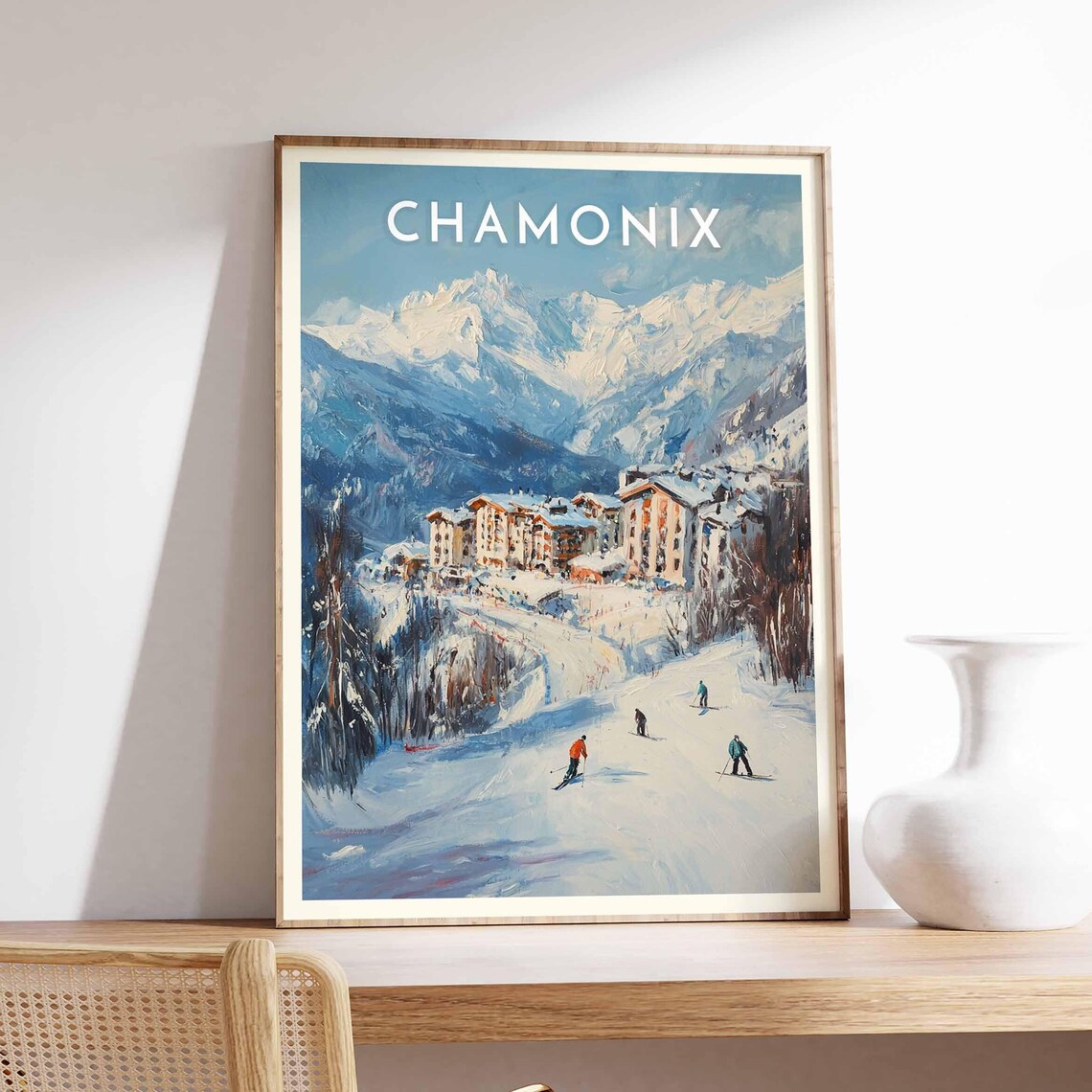 Chamonix Wide Sunny Ski Slope Village Pastel Mountain Poster
