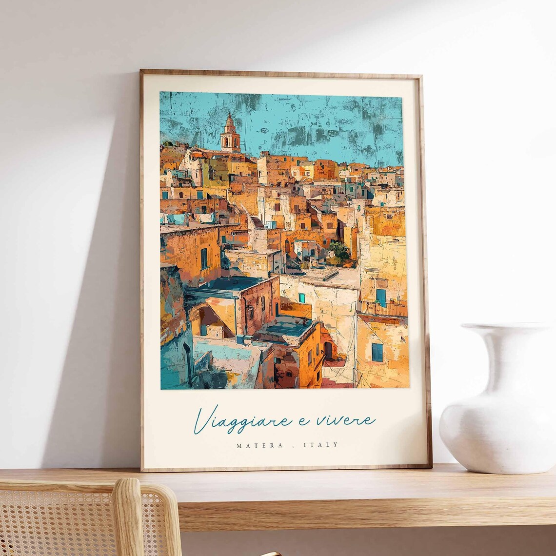 Matera Italy Ochre Old Town Collage Bell Tower Art Travel Poster