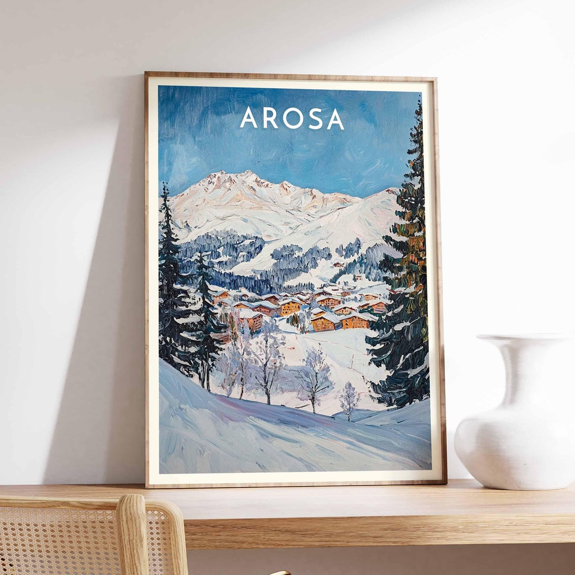 Arosa Swiss Alps Village Peaks Pine Framed Classic Ski Poster