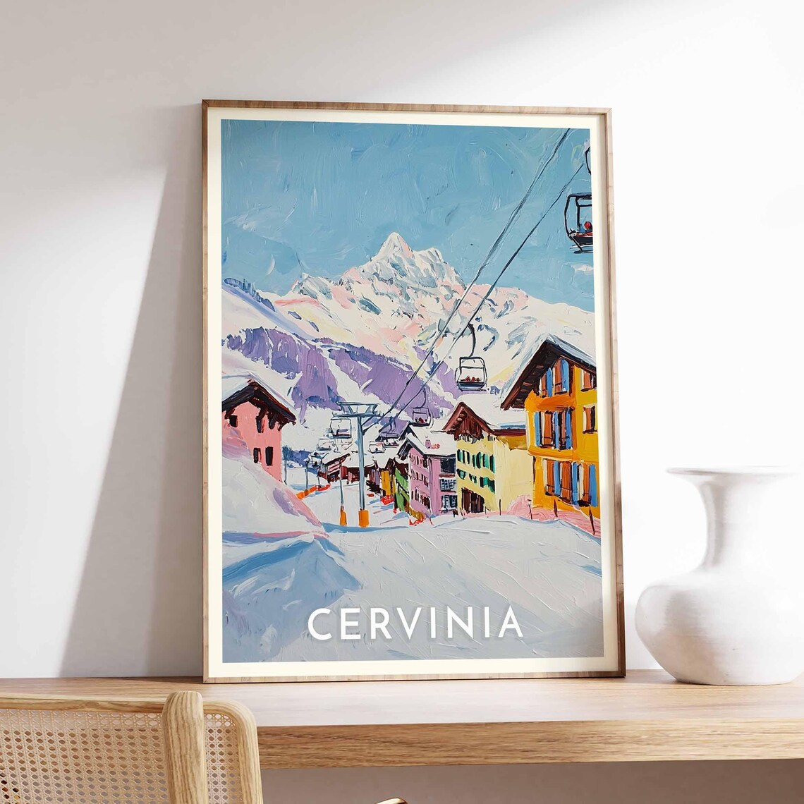 Cervinia Colorful Village Street Chairlift Snowy Peak Poster
