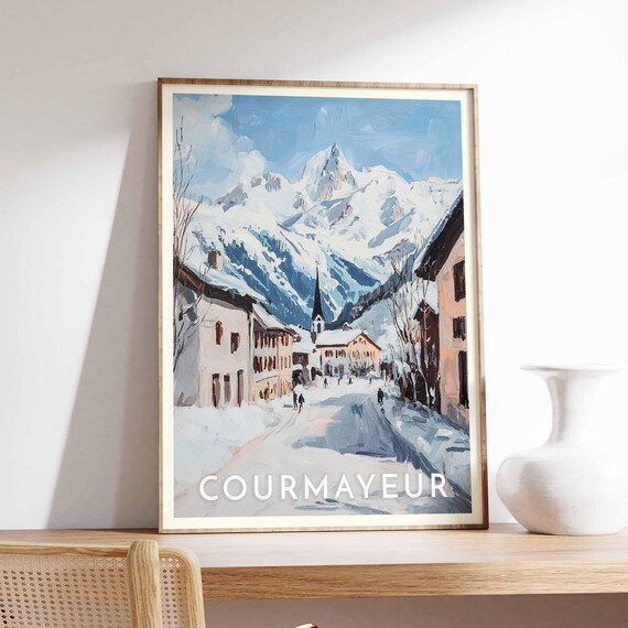 Courmayeur Snowy Alpine Village Street Winter Scene Travel Poster
