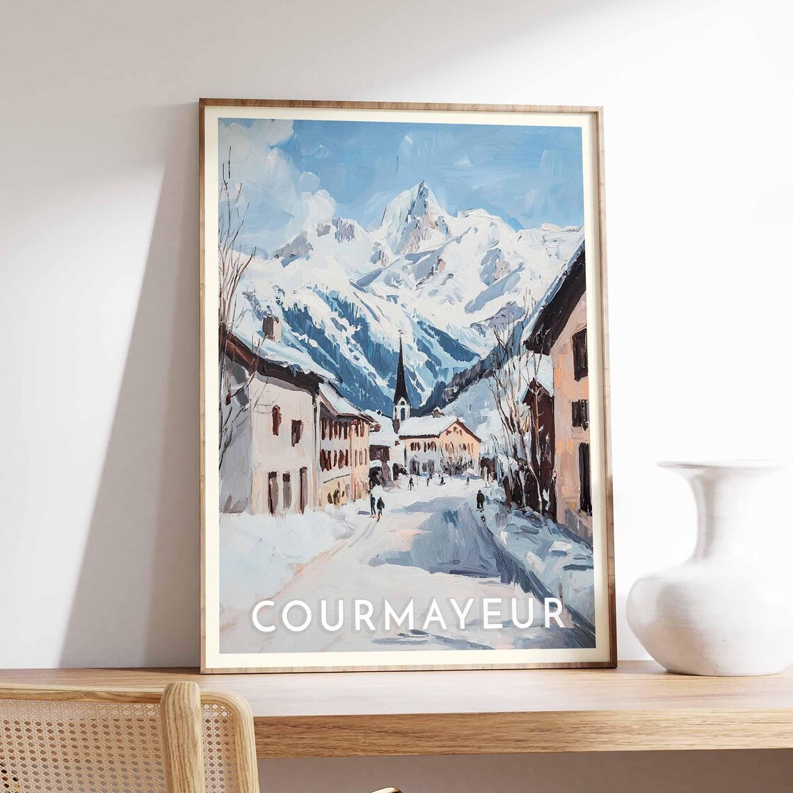 Courmayeur Snowy Alpine Village Street Winter Scene Travel Poster