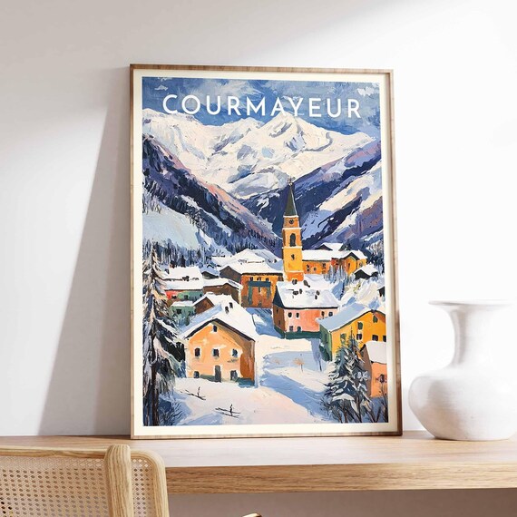 Courmayeur Italy Alpine Town Poster with Church Tower and Snow Peaks