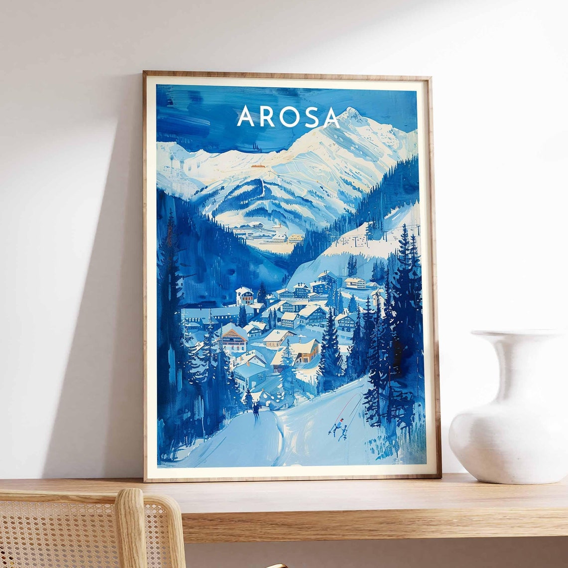 Arosa Swiss Alps Deep Blue Alpine Resort Skier Snow Scene Poster