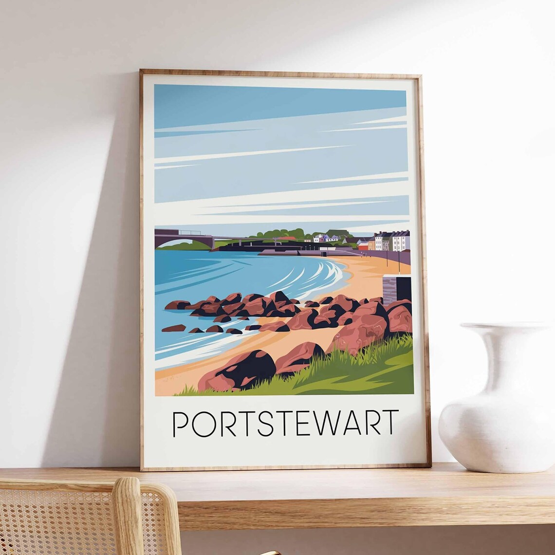 Portstewart Coastal Bay Vintage Illustration Rocky Shore Travel Poster