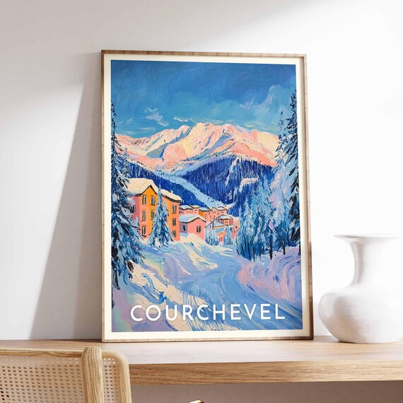Courchevel France Alpenglow Village Poster with Pink Alpine Lodges