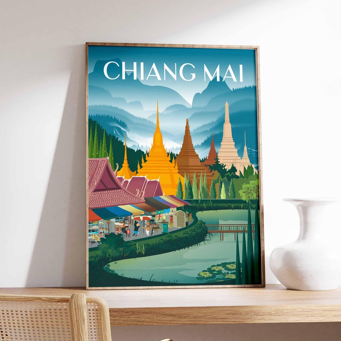 Chiang Mai Thailand Golden Temples Mountain Market Travel Poster