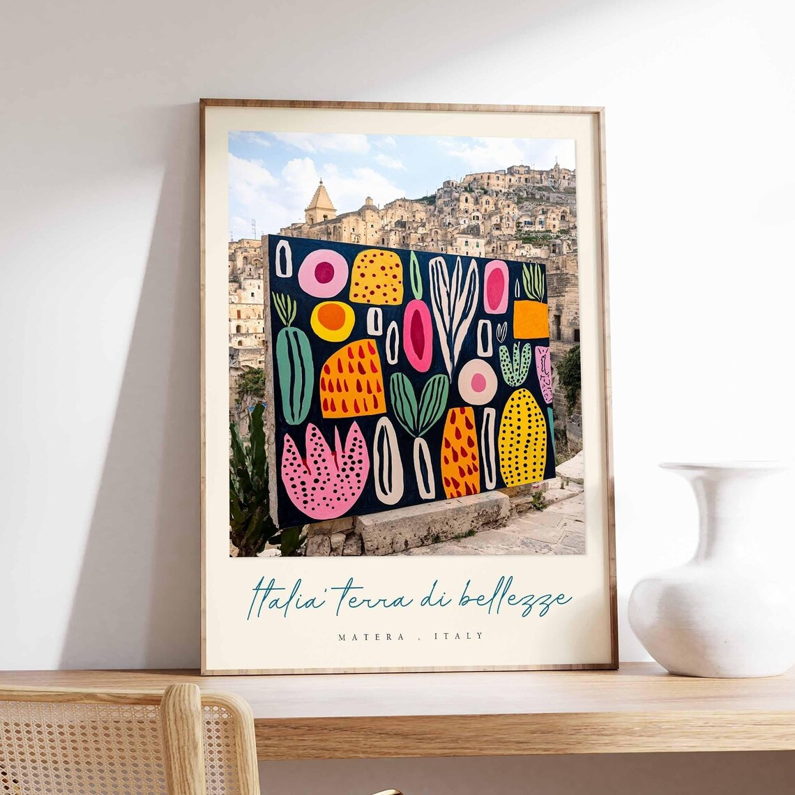Matera Italy Old Town Abstract Floral Mural Watercolor Poster