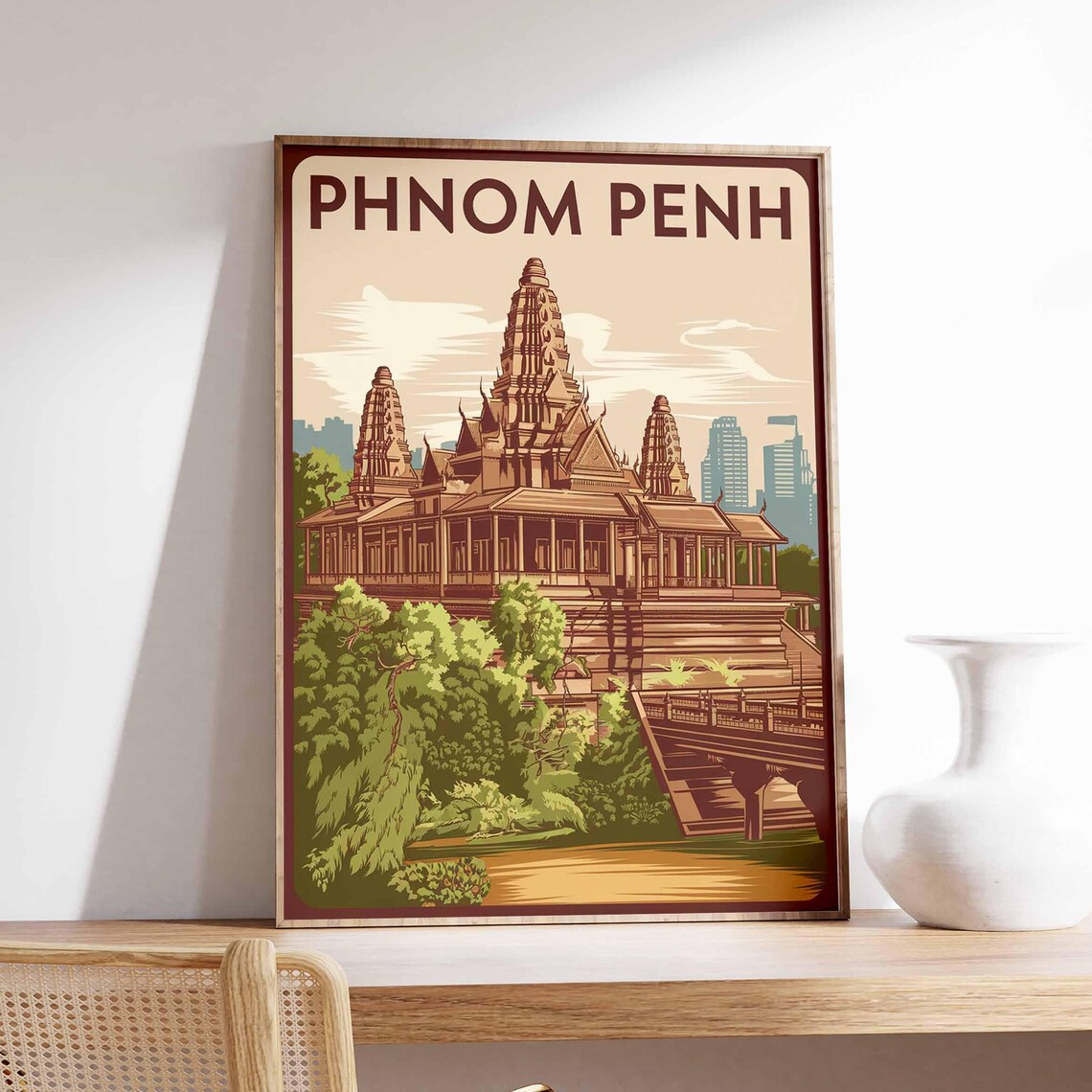 Phnom Penh Cambodia Royal Palace Temple Vintage Retro Travel Poster