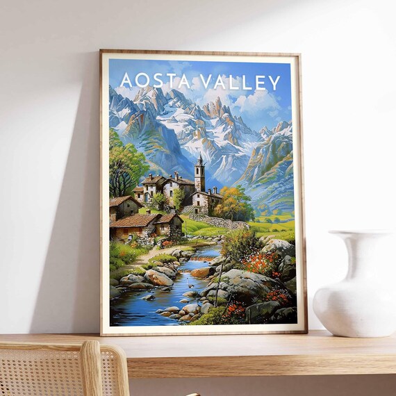 Aosta Valley Italy Summer Village Stream Church Tower Poster