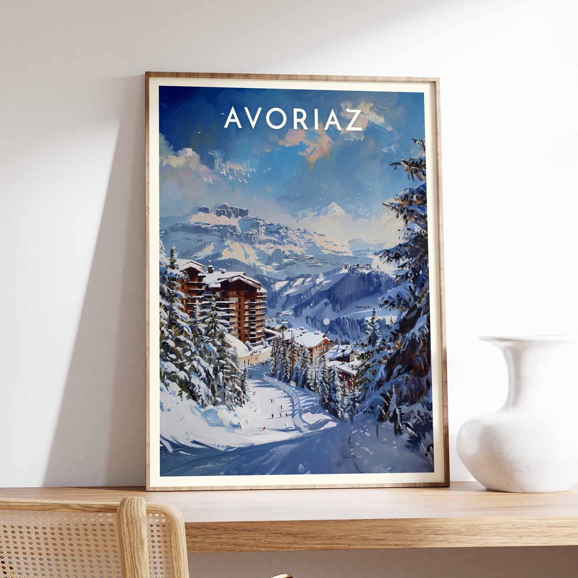 Skiing Travel Poster Avoriaz Ski Print French Alps Travel Print Skiing Art Skiing Print Winter Sport Art Ski Gift